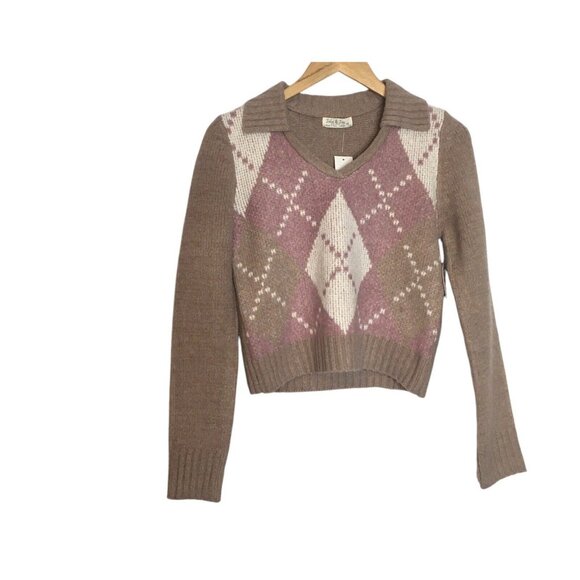 Argyle Sweater Women Large Taupe Collared Preppy V Neck Soft 90s School Girl - Picture 1 of 11
